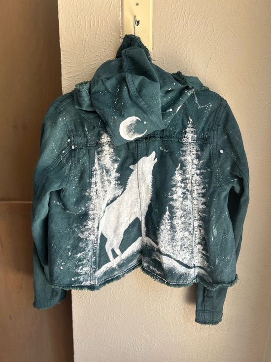 Free People Jackets & Blazers - Upcycled green Free People jacket wolf howling at the moon Size Small